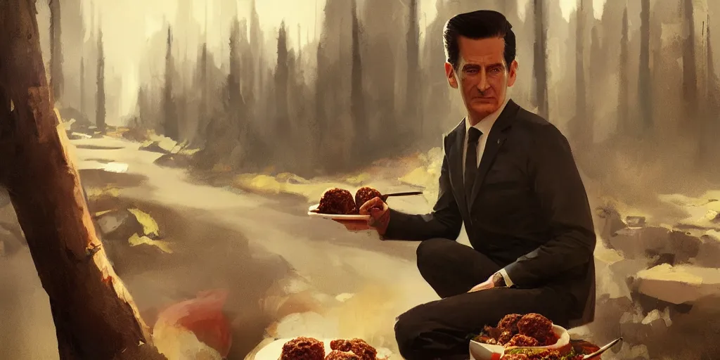 Image similar to Kyle Mclacklan as agent Dale Cooper is eating meatballs, Greg Rutkowski, Darek Zabrocki, Karlkka, Jayison Devadas, Phuoc Quan, trending on Artstation, 8K, ultra wide angle, pincushion lens effect.