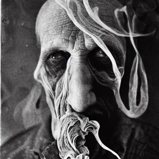 Image similar to photographic portrait of wrinkly sad max ernst dried melting floral fungus with spiraling cigarette smoke, in fog, medium long shot