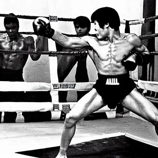 Image similar to bruce lee vs muhammad ali, arena fight, boxing ring