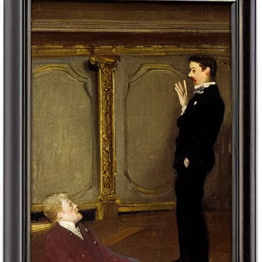 Image similar to a young man watching an actress on stage in an old theater, by alfred stevens