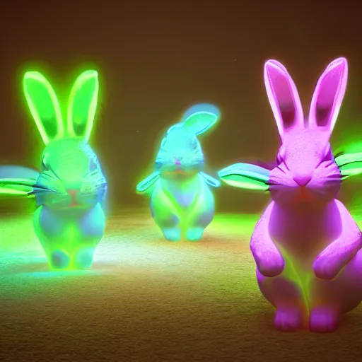 Image similar to neon fluorescent, iridescent cute bunny rabbits with fairy wings cyperpunk 2 0 7 7, unreal engine 5, 8 k ultra realistic, hyperdetailed, volumetric lighting, extremely high quality