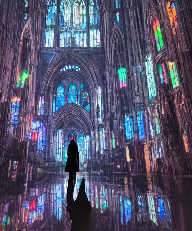 Prompt: a tall brightly lit cyberpunk cathedral with stained glass windows at night, reflection visible in scattered rain puddles, extremely close - up low - angle viewpoint behind a woman with an umbrella who is gazing upward at the cathedral, octane ray tracing, volumetric lighting, trending on artstation