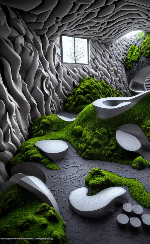 Image similar to highly detailed ultra sharp 3 d render villa interior cinematic composition of a smooth ceramic porcelain biomorphic magnolia stone nebula fluid fractal sci - fi surreal architecture landscape, granite, metallic, magnesium, marble, moss and lichen, vincent callebaut composition, mamou - mani, archviz, beautiful lighting, 8 k, unreal engine, hdr,