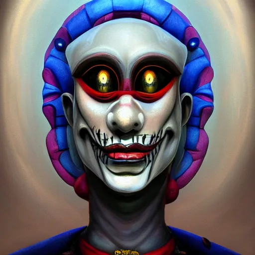Image similar to beautiful painting of a giant jester with a theatre embedded in its chest in the style of Welder Wings and H. R. Giger. Dark background, detailed, trending on Artstation