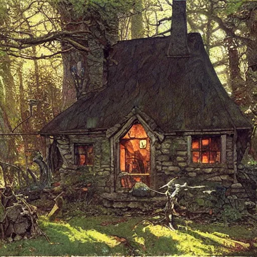 Prompt: witch cottage in the forest, art by norman rockwell and donato giancola and greg rutkowski