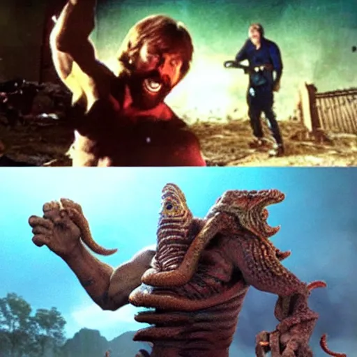 Image similar to chuck norris Fight with the giants cthulhu, cgi