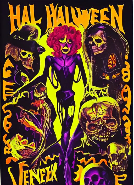 Image similar to Halloween (1978), Psychedelic velvet black light poster, Wes Wilson, Bonnie Maclean, Greg Irons, highly detailed