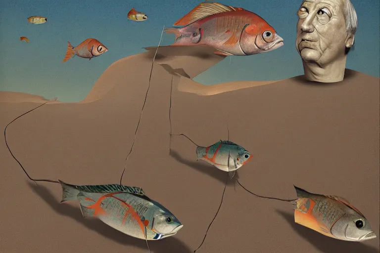 Image similar to I have turned into a fish!, by Grant Wood, Brian Despain, surrealism, figurativism, Giorgio de Chirico, brutalism, artstation