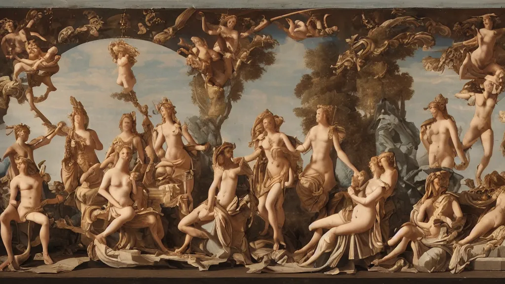 Prompt: The Judgment of Paris; he is sitting at left with Venus, Juno and Pallas Athena, a winged victory above; in the upper section the Sun in his chariot preceeded by Castor and Pollux on horseback; at lower right two river gods and a naiad above whom Jupiter, an eagle, Ganymede, Diana and another Goddess by Greg Rutkowski, Nicolas Bouvier SPARTH, James Paick, WLOP, Artgerm, PIXAR, dramatic moody sunset lighting, long shadows, Volumetric, cinematic atmosphere, Octane Render, Artstation, 8k