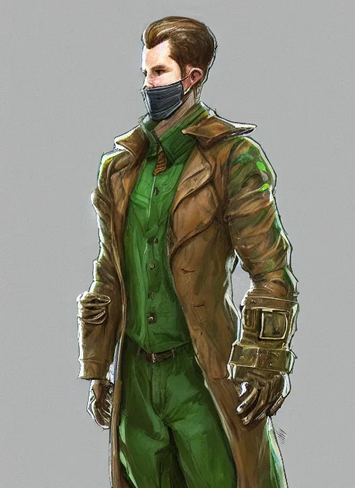 Prompt: a highly detailed illustration of thick wavy brown haired young white guy wearing brown detective trench coat and wearing green face mask, with many mechanical arms on his back, dramatic hands in pocket standing pose, intricate, elegant, highly detailed, centered, digital painting, artstation, concept art, smooth, sharp focus, league of legends concept art, WLOP