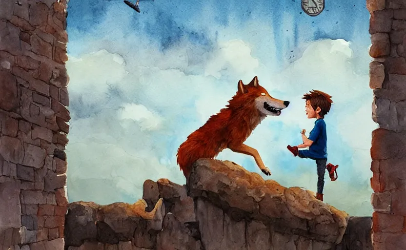 Prompt: a boy fighting a wolf on the edge of a clocktower, by oliver jeffers, watercolor, print