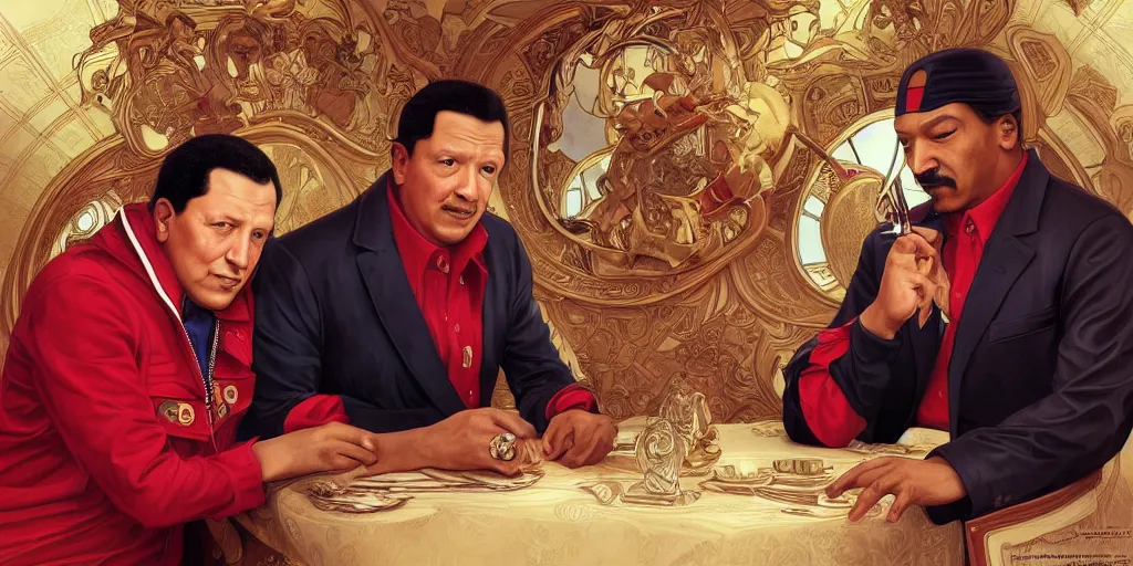 Prompt: hugo chavez and snoop dog inside a private jet, smoking, intricate, elegant, highly detailed, digital painting, artstation, concept art, smooth, sharp focus, illustration, art by artgerm and greg rutkowski and alphonse mucha and william - adolphe bouguereau