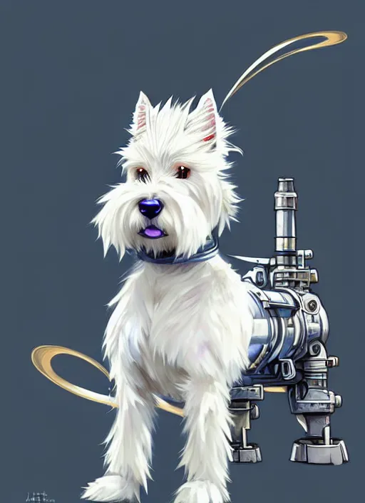 Image similar to a west highland white terrier, anime art style, wearing futuristic, led - lit armor, and a cannon mounted on his back, portrait, high detail, sharp focus, digital painting, artstation, concept art, art by hayao miyazaki and artgerm and greg rutkowski and alphonse mucha.