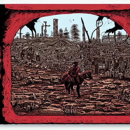 Image similar to cowboy walking into ruined town, nightime, highly detailed, artwork by dan mumford, blood red moon