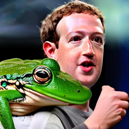 Image similar to mark zuckerberg with a frog on his shoulder