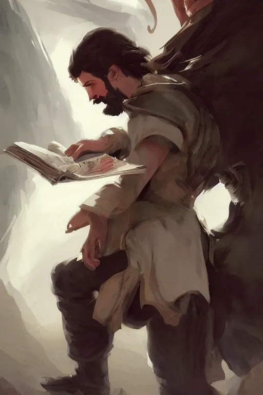 Image similar to concept art of fitzchivalry reading the book les antiseches du bonheur of jonathan lehmann, nighteyes is looking warmly over his shoulders, by aenaluck, artgerm and roberto ferri and greg rutkowski, blue and white tones, digital painting, artstation, concept art, smooth, sharp foccus ilustration hq