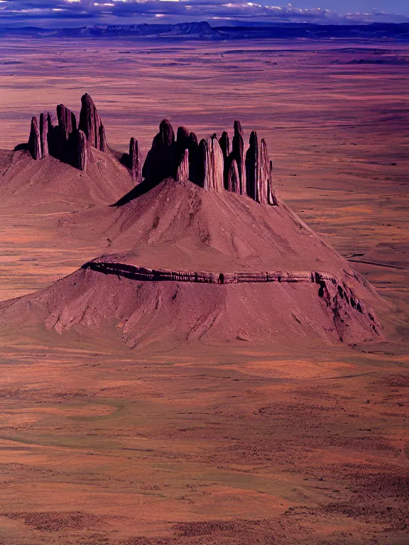 Image similar to photo of shiprock, hogback ridge, high aerial view, the foreground is brightly lit by sun, and the background clouds are dark and foreboding. kodak portra 4 0 0