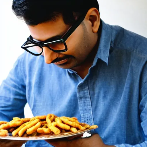 Prompt: image of a indian nerdy guy with specs eating vada