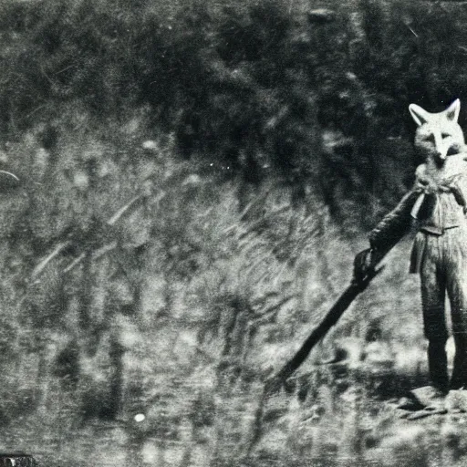 Prompt: humanoid fox doing fieldwork, 1910s film still