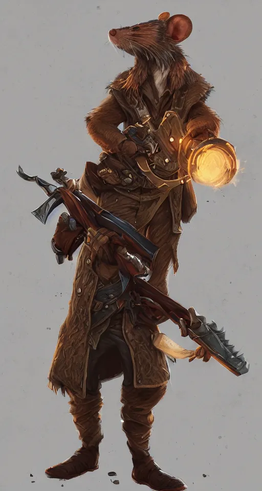 Prompt: illustration of a rat holding a wooden shotgun wearing a coat, dramatic standing, intricate, elegant, highly detailed, centered, digital painting, artstation, concept art, smooth, sharp focus, league of legends concept art, wlop