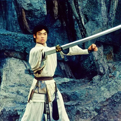 Image similar to xianxia fantasy, french swordsman fighting chinese swordsman, xuanhuan martial artist fighting european knight, chinese swordsman fighting medieval european swordsman, fantasy, wuxia, pseudo - medieval fantasy, cinematic, 1 9 8 6 movie screenshot