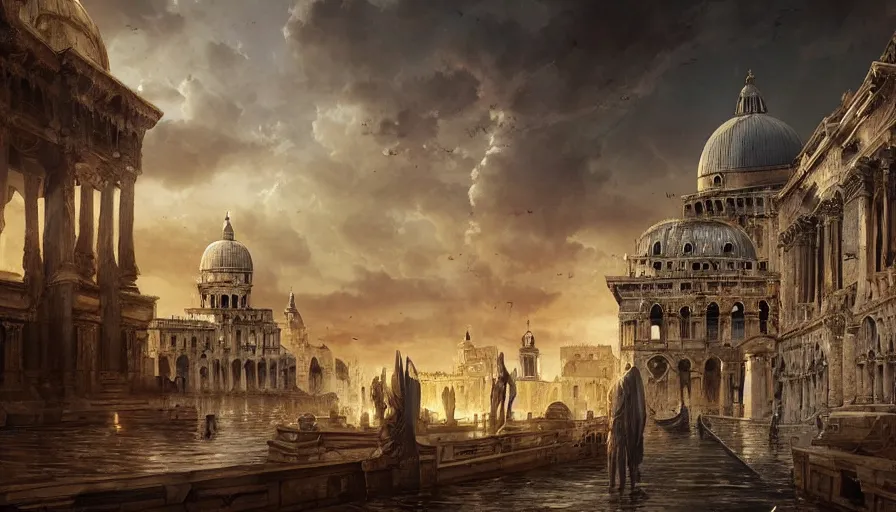 Image similar to an alien ufo spaceship landing on renaissance italy venice city landscape with beautiful temples by greg rutkowski, artgerm, ross tran, magali villeneuve, intricate, time travel theme, audince in awe, sorrounded, award winning