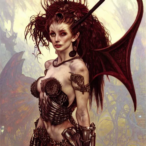 Image similar to head and shoulders portrait of an armored erinyes devil with bat wings, d & d, fantasy, luis royo, magali villeneuve, donato giancola, wlop, krenz cushart, hans zatka, klimt, alphonse mucha