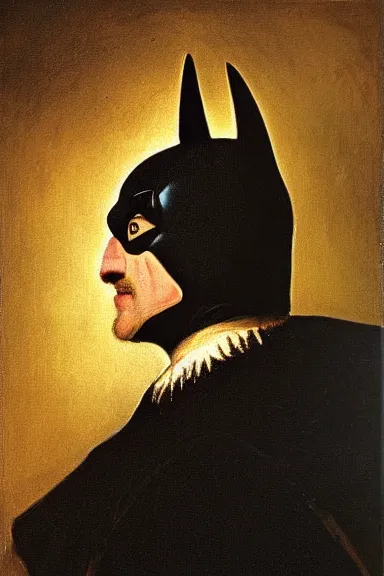 Prompt: rembrandt painting portrait of batman