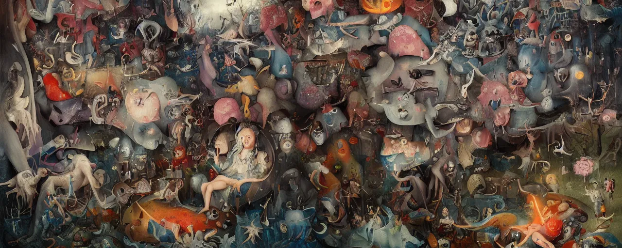 Prompt: LSD Nightmare Trip by Hieronymus Bosch and James Jean, Ross Tran, HD, hypermaximalist, 8k, surreal oil painting, highly detailed, dream like, masterpiece