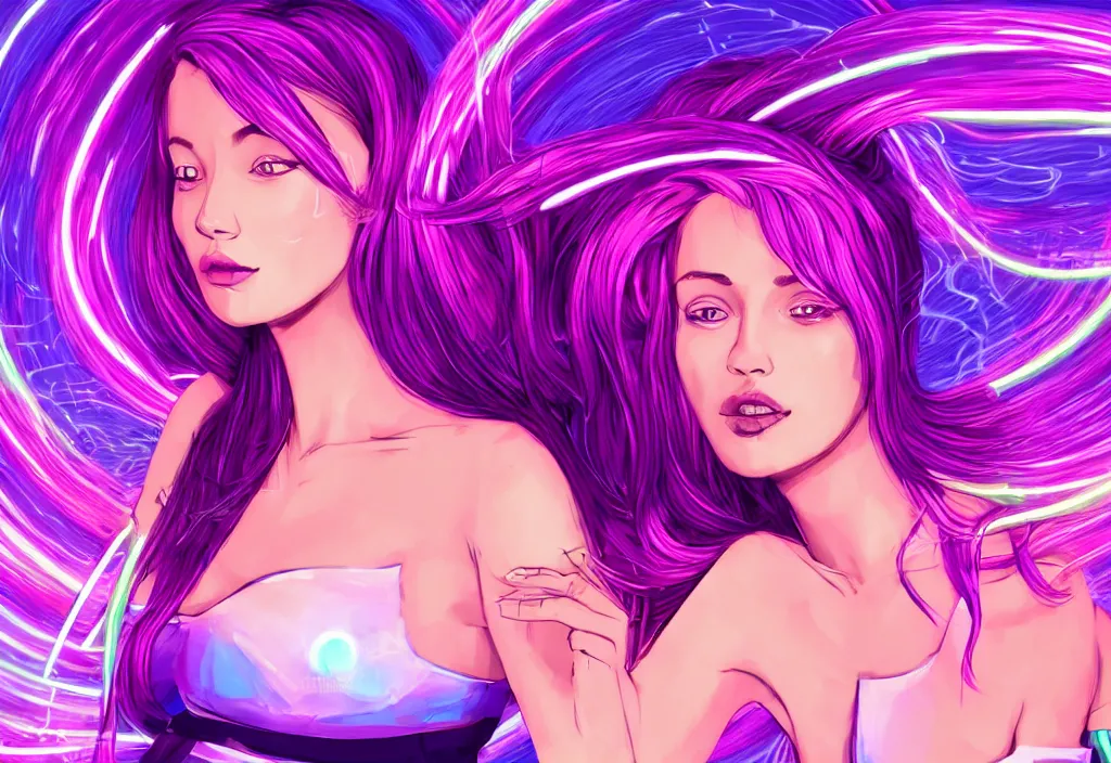 Prompt: a award winning half body portrait of a beautiful woman in a croptop and cargo pants with ombre purple pink teal hairstyle surrounded by whirling illuminated lines, outrun, vaporware, shaded flat illustration, digital art, trending on artstation, highly detailed, fine detail, intricate