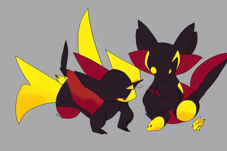 Prompt: zorua the black and maroon colored fox - like pokemon, pikachu the black and yellow electric mouse pokemon, two pokemon playing together, super detailed, clean lines, digital art