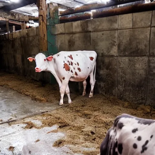 Image similar to dirty bottle of milk and a cow inside slaughterhouse