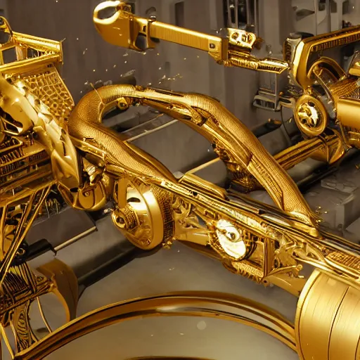Prompt: intricate machine women, golden machinery, elegant, sharp focus, illustration, highly detailed, photo realistic, unreal engine