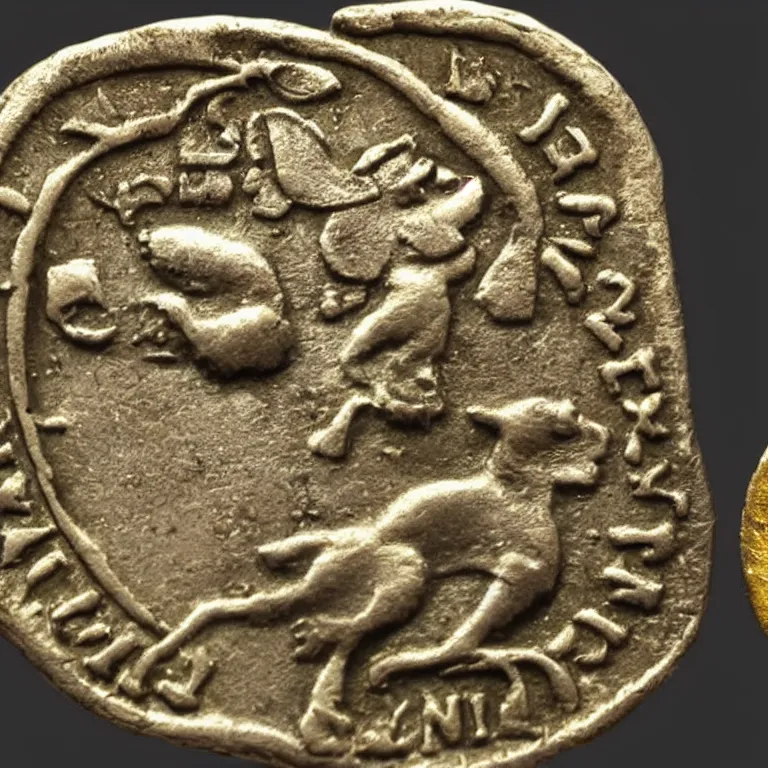 Prompt: ancient roman coin with a shiba inu and some latin writing