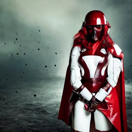 Prompt: a young female soldier wearing blood-spattered glossy sleek white dinged scuffed armor and a long torn red cape, heroic posture, determined expression, elegant, battle weary, no helmet, rain, jungle, dramatic lighting, cinematic, sci-fi, hyperrealistic, detailed