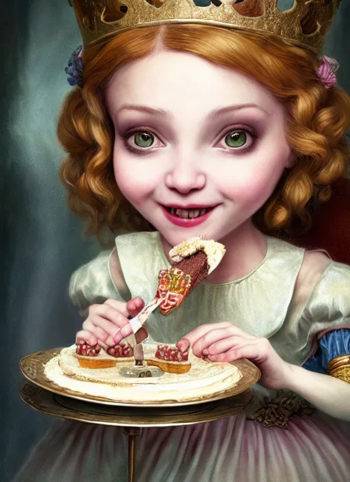 Image similar to highly detailed closeup portrait of a grinning fairytale medieval princess eating birthday cake, unreal engine, nicoletta ceccoli, mark ryden, lostfish, earl norem, global illumination, god rays, detailed and intricate environment