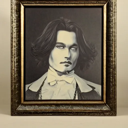 Image similar to old victorian style portrait of johnny depp with a powdered wig and ruffled shirt