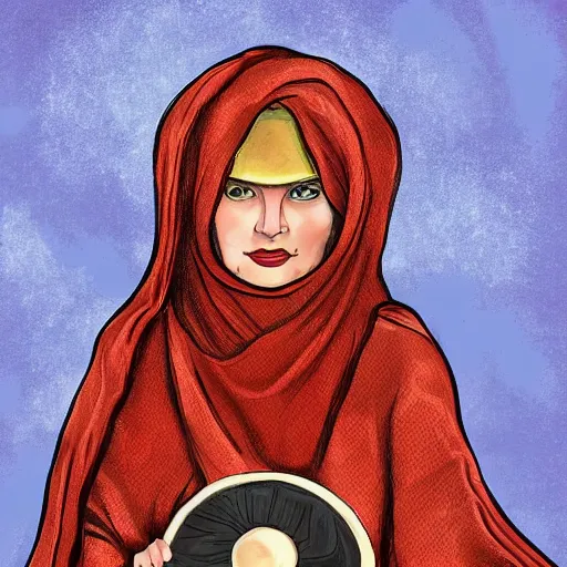 Image similar to a babushka hits a gong in a dark ballroom, she wears a dune - inspired outfit and accessories with a bit of spice from the world she is from, digital art