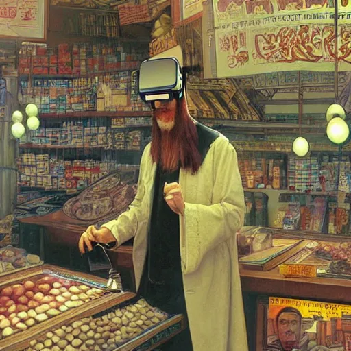 Image similar to byzantine bureaucrat wearing coolie hat and VR goggles with scrolling Chinese Arabic text standing behind counter in Hong Kong market, Dune concept art by Greg Rutkowkski, Brom, and Alphonse Mucha