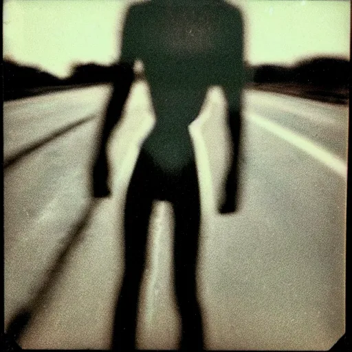 Image similar to found polaroid picture, flash, mutant creature in the middle of a deserted highway, eerie