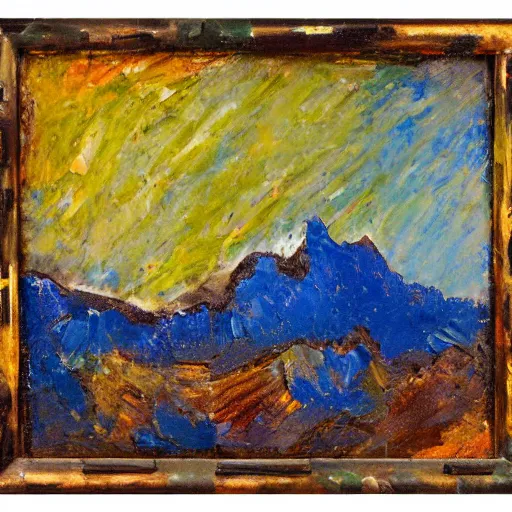 Image similar to oil paint impasto relief, austrian blue mountain with fireworks, multi layered thick brush marks, in the style of ivan shishkin and frank auerbach and redon