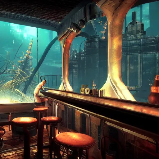 Image similar to In the world of rapture from the world of bioshock you are in a bar, there is a window that lets you see the whole city underwater and you are drinking a rum and coke