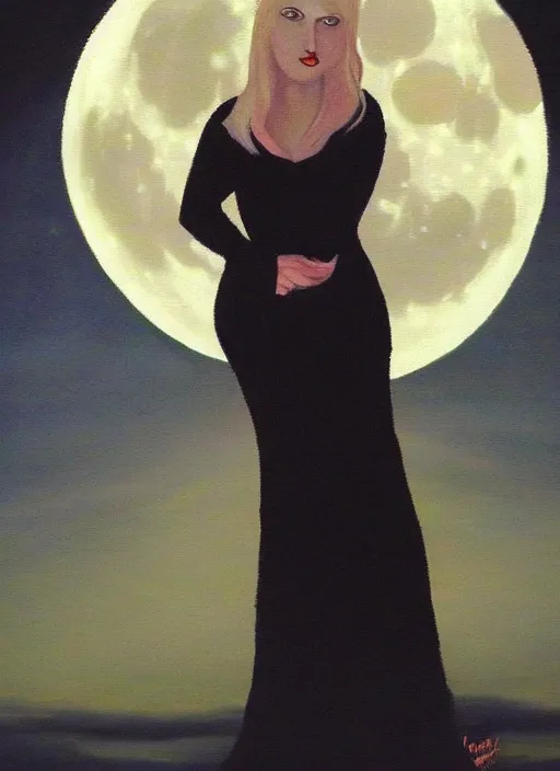 Prompt: portrait of beautiful blonde woman as a Dark evil witch, big moon in the background, oil painting by flickr