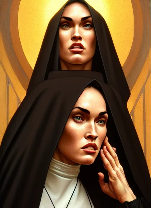 Image similar to portrait of megan fox as a nun praying, catholic, church, bible, christian, intricate, headshot, highly detailed, digital painting, artstation, concept art, sharp focus, cinematic lighting, illustration, art by artgerm and greg rutkowski, alphonse mucha, cgsociety