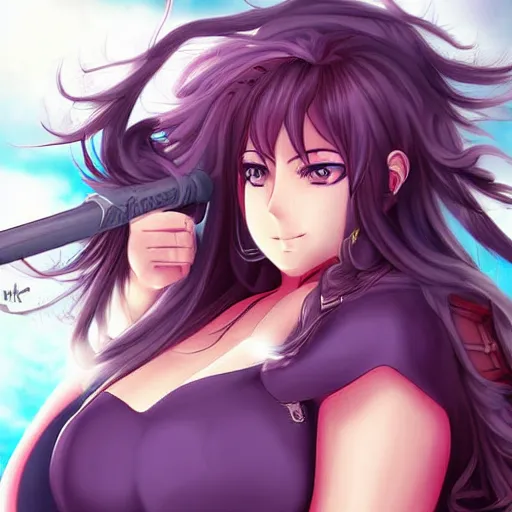 Image similar to owersize plus size anime girl warrior by Boris Valejio, high detailed digital art