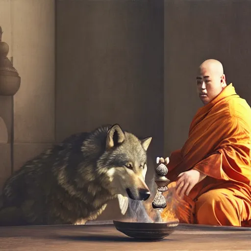 Image similar to fat wolf wearing a monk robes holding incense burner. natural lighting by ruan jia, portrait