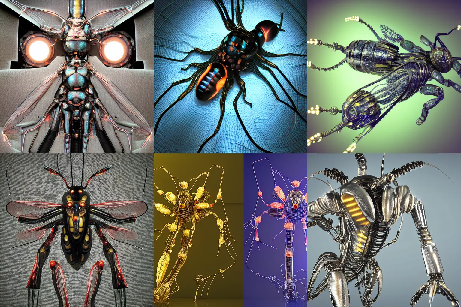 Prompt: 3D render of intricate wasp, cyborg wasp, shiny textured plastic shell, hinged titanium legs, wires, pinned joints, glowing LEDs, cables, antennae, circuitry, chips, capacitors, dramatic lighting, highly detailed digital painting by H.R. Giger and Johanna Martine and Jeffrey Smith, background natural flower, foliage, octane engine render 8k HDR