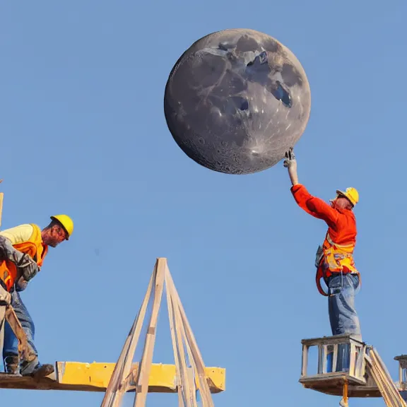 Image similar to two construction workers removing the moon from the sky