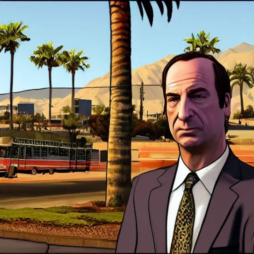 Image similar to Saul Goodman in GTA V . Los Santos in the background, palm trees. In the art style of Stephen Bliss.