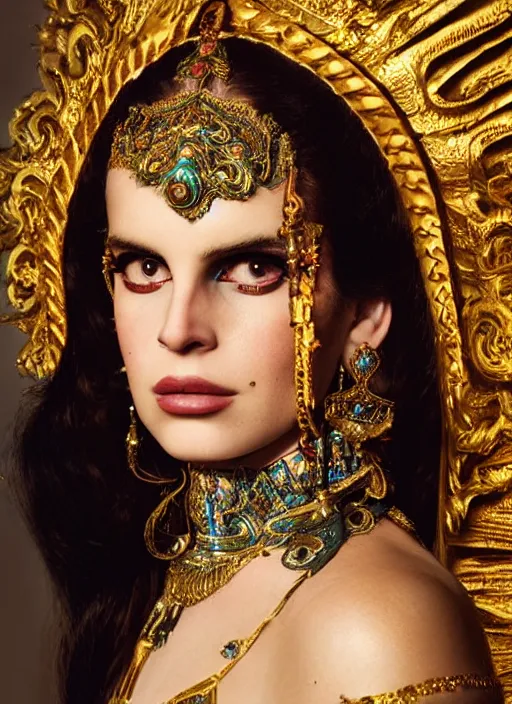 Image similar to studio photograph of lana del rey as shiva, clear facial features by john singer sargent, beautiful extravagant costume details, jewelry, beautiful lighting, octane.